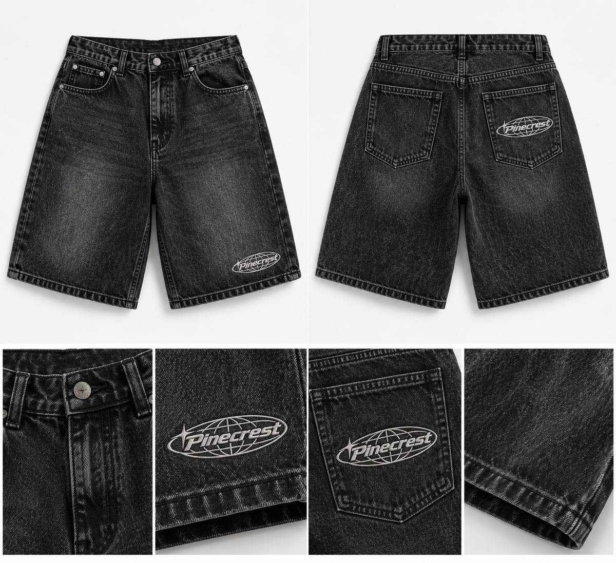 PineCrest Drop 001 Black Acid Wash embroided jorts