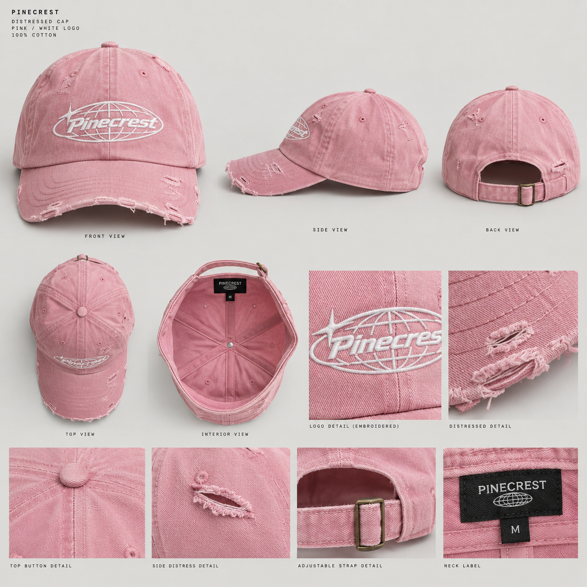PineCrest 001 Light Pink Distressed Embroided Baseball Cap